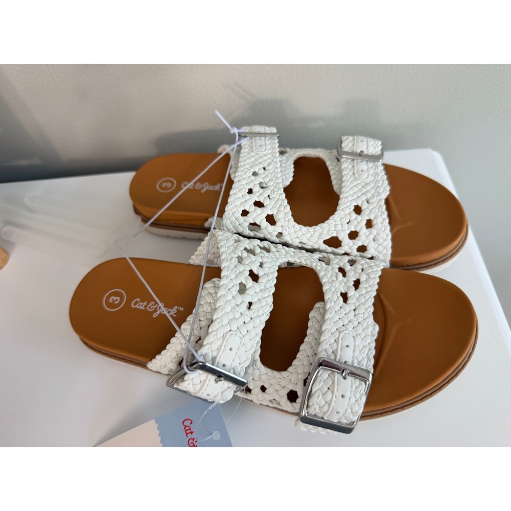 Cat & Jack Woven Slide Sandals Girls Size 3 White Braided Buckle Straps NWT - Picture 2 of 5